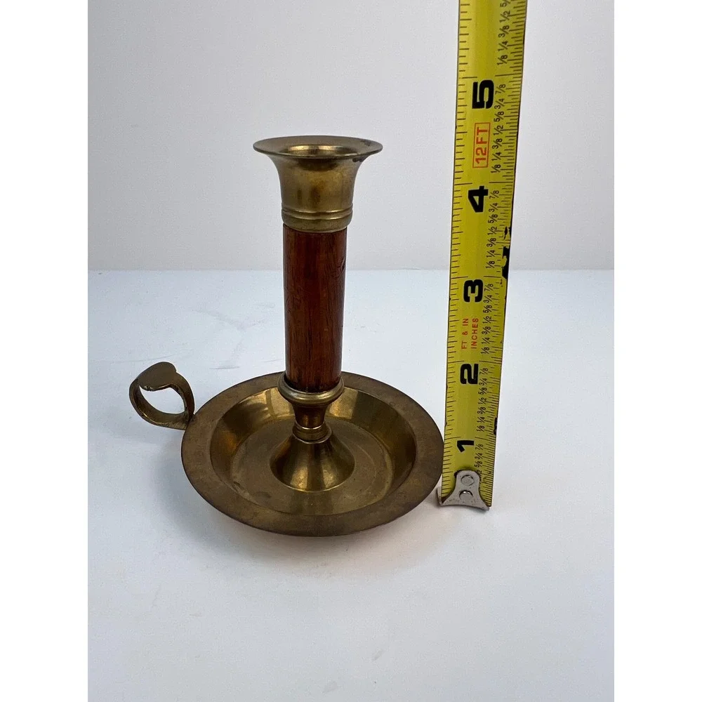 Vintage Brass Wood Candlestick Holders Finger Ring 4.25